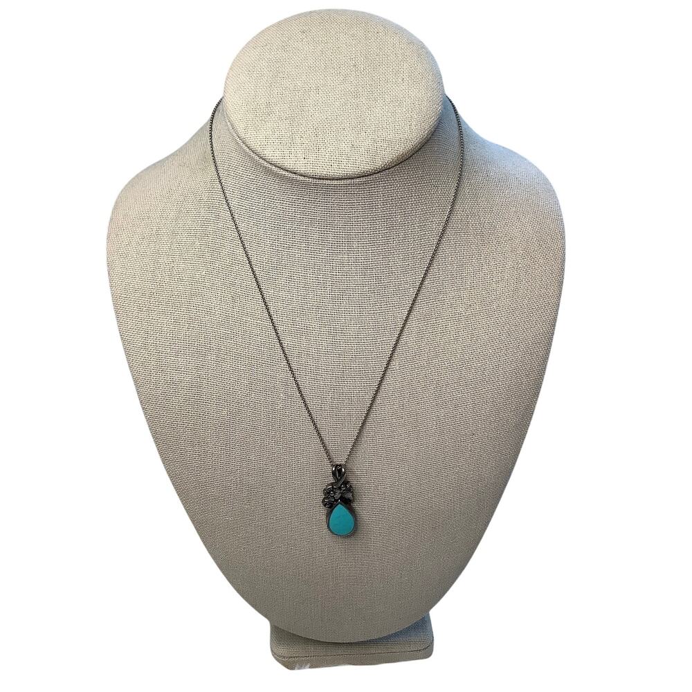 CFJ 925 Sterling Silver Turquoise Teardrop Floral Pendant Necklace Navajo F10-30